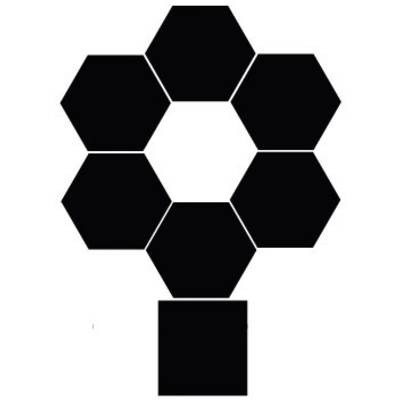 Forme abstraite noire composée de six hexagones formant un cercle autour d'un autre hexagone, avec un carré en dessous.