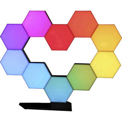 Cœur lumineux composé de 10 panneaux LED hexagonaux colorés ; de gauche haut à droite bas : violet, rose, rouge, orange, jaune, vert clair, bleu.