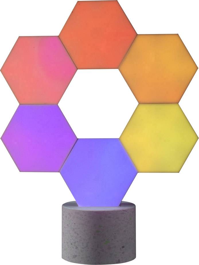 Six panneaux LED hexagonaux colorés en rouge, orange, jaune, violet et bleu forment un cercle, montés sur un socle gris.