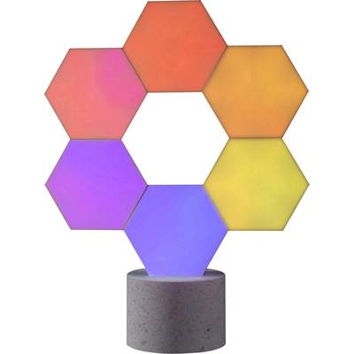 Six panneaux LED hexagonaux colorés en rouge, orange, jaune, violet et bleu forment un cercle, montés sur un socle gris.
