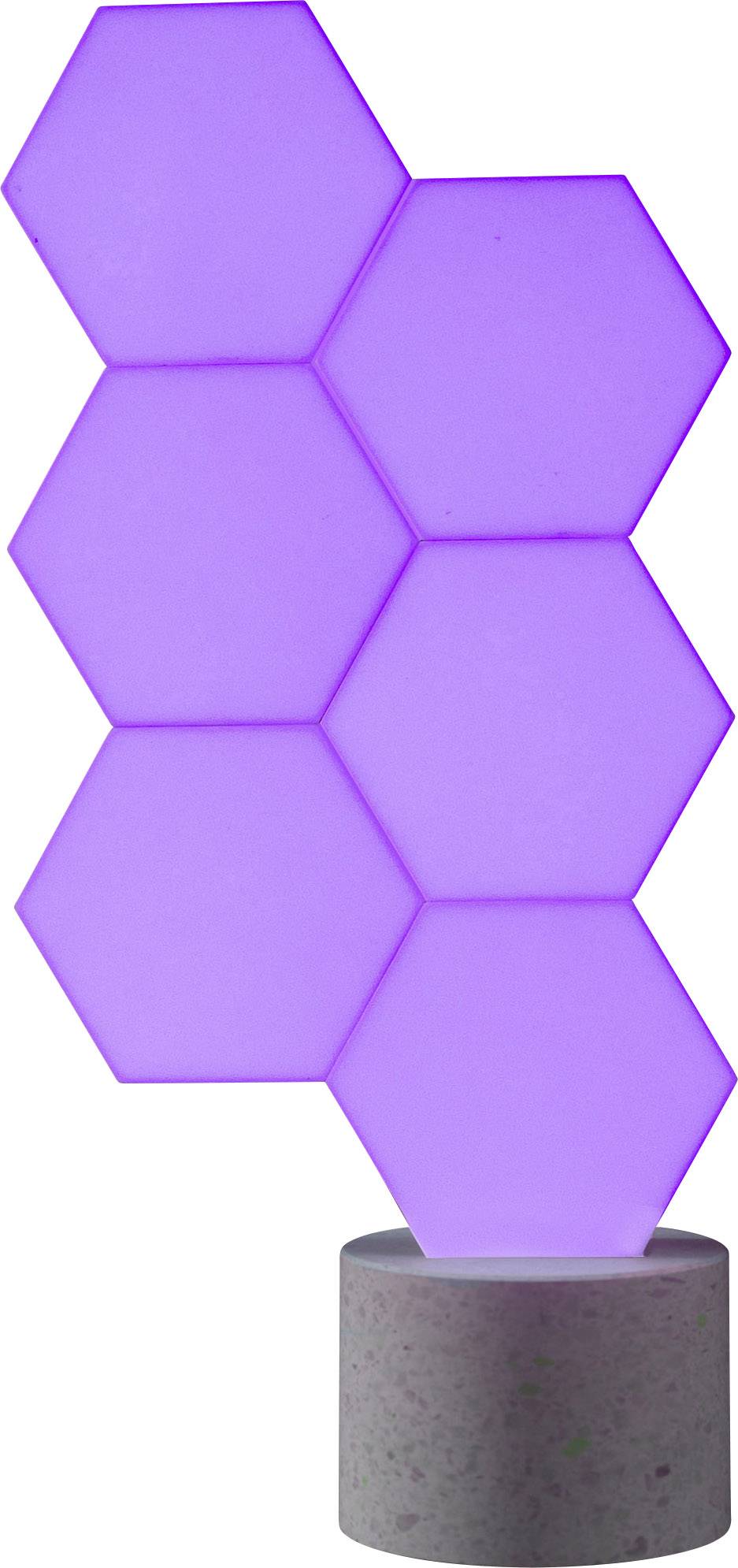 Six hexagones lumineux mauves sur un socle rond gris.