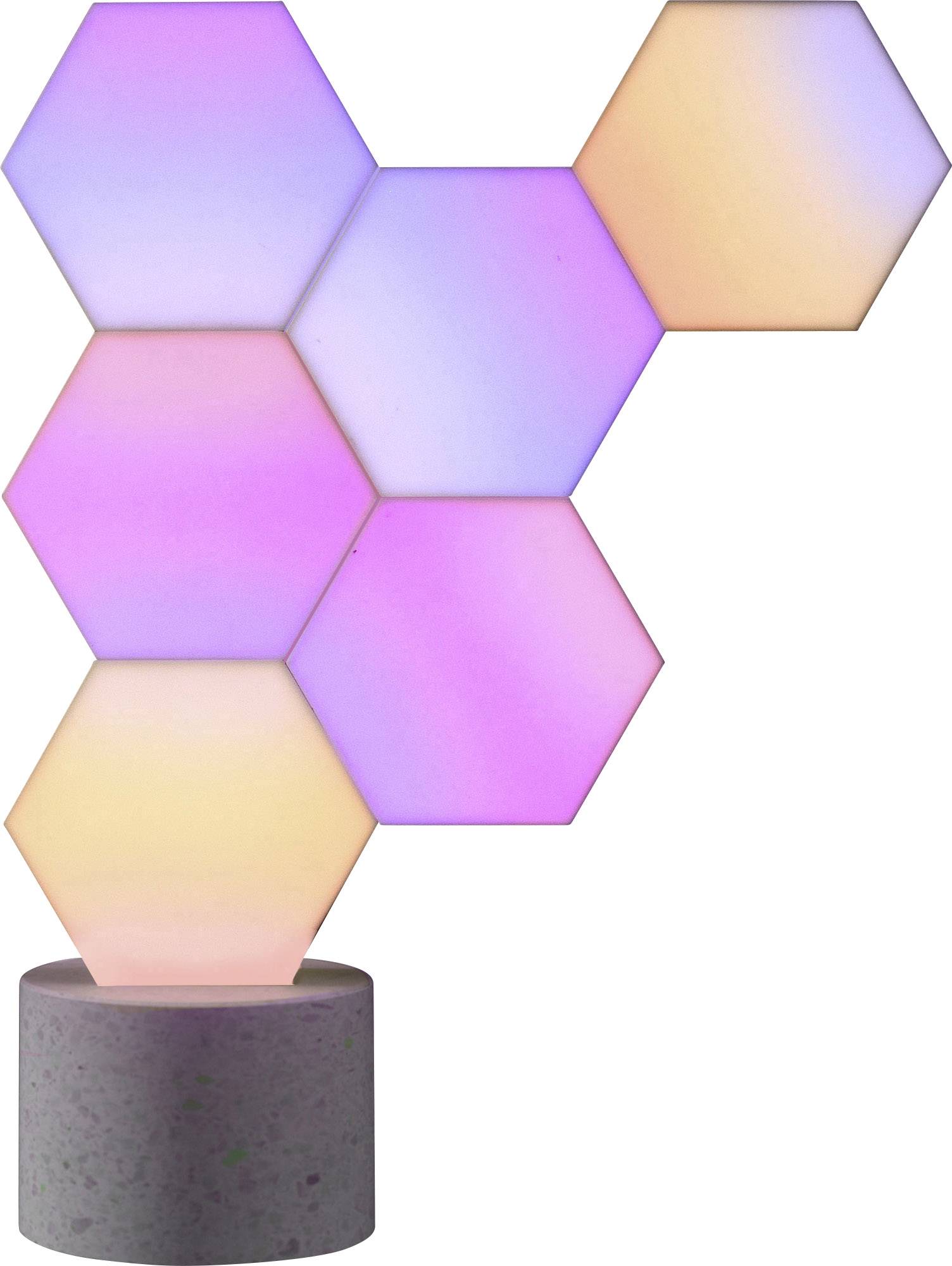 Panneaux LED hexagonaux changeant de couleur en rose, violet et jaune, montés sur un socle rond ; élément lumineux décoratif.