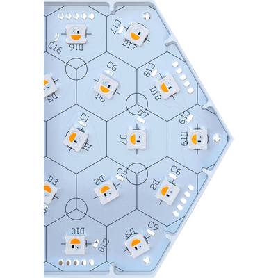 Carte de circuit imprimé hexagonale avec des touches et des indicateurs LED sur une surface brillante.