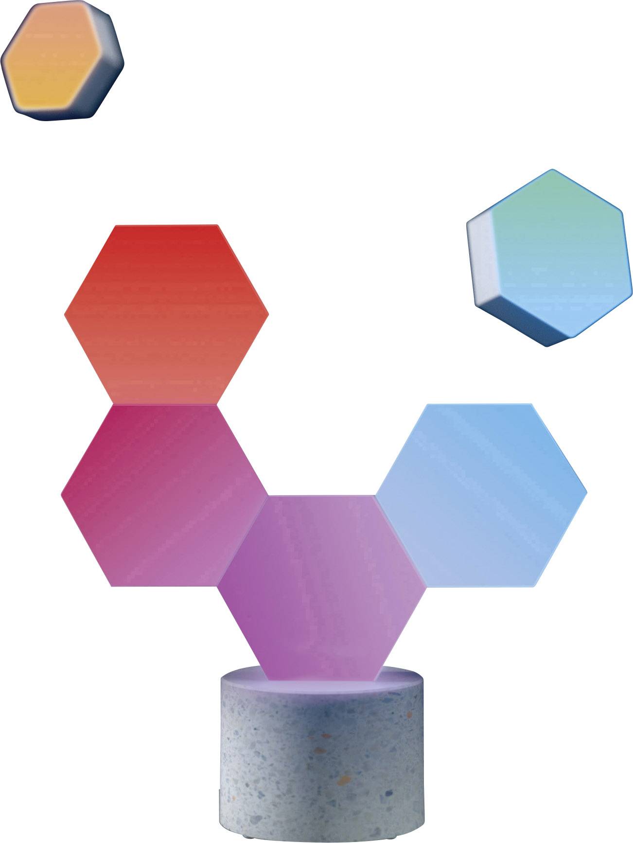 Des formes hexagonales colorées flottent au-dessus d'un socle cylindrique. Les formes sont colorées en rouge, violet et bleu.