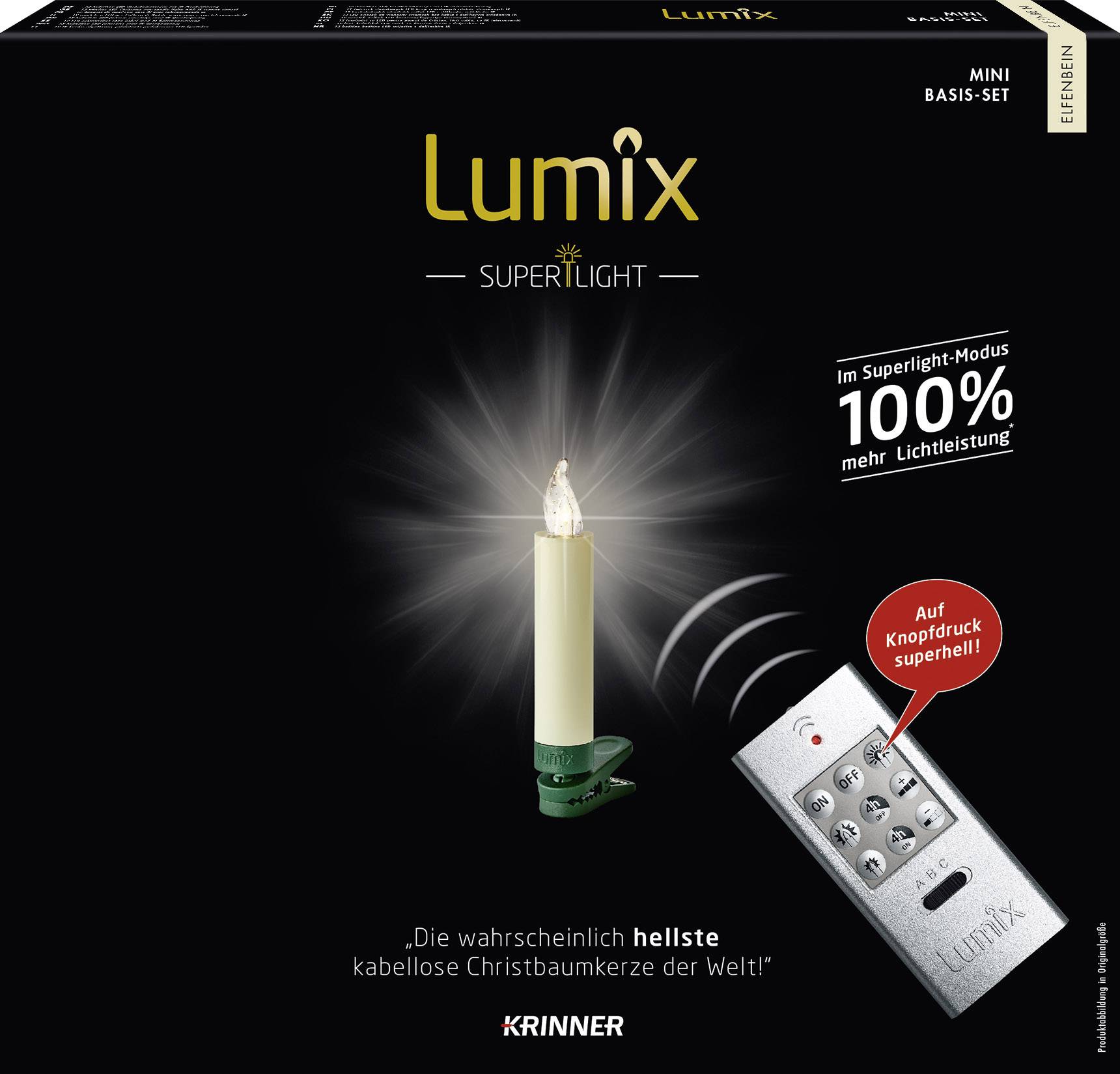Emballage d'une bougie d'arbre de Noël sans fil avec l'inscription 'Probablement la bougie d'arbre de Noël sans fil la plus lumineuse au monde'. Contient une illustration d'une bougie et d'une télécommande.