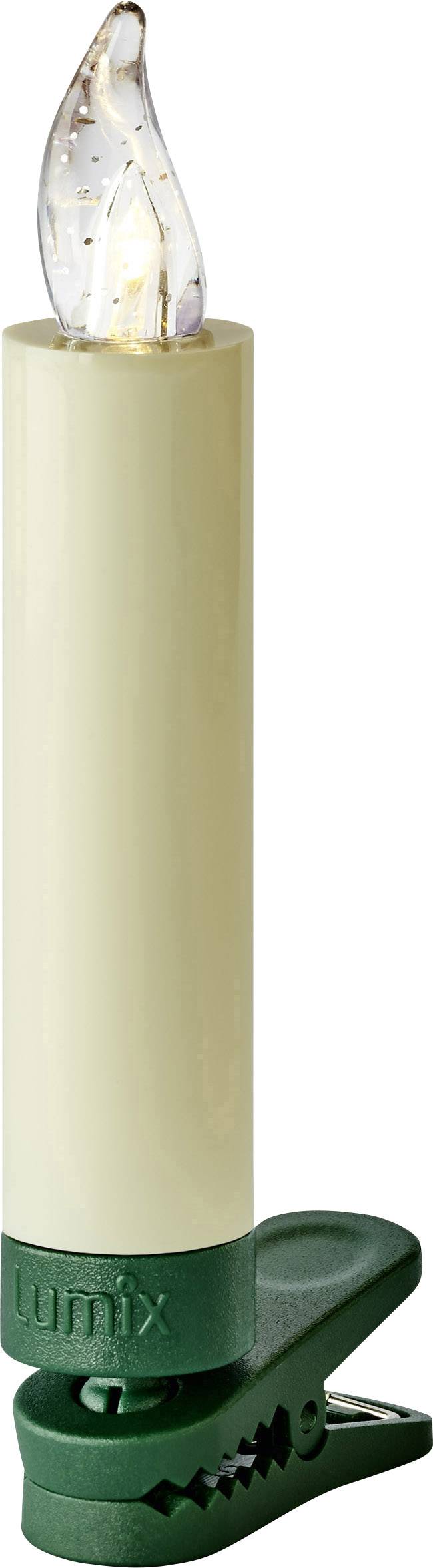 Une bougie électrique couleur crème avec une pointe en forme de flamme, montée sur un support vert à pince.