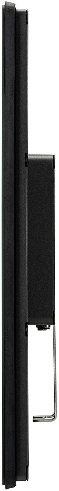 Vue latérale d'un cadre métallique noir avec un support en saillie, probablement partie intégrante d'un dispositif de support ou d'un élément de fixation.