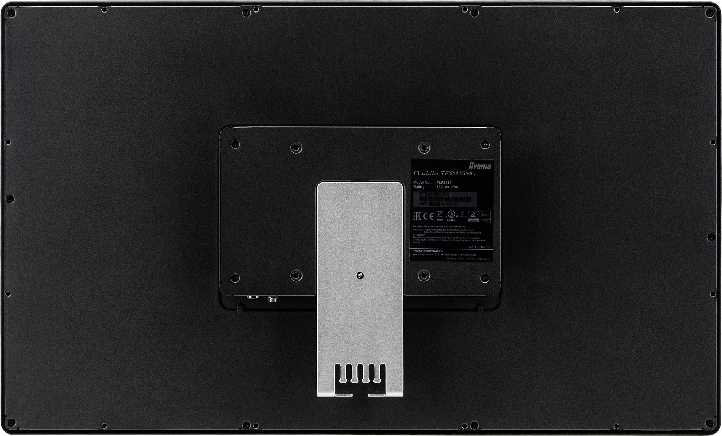 Arrière d'un moniteur noir avec support argenté et plaque signalétique.