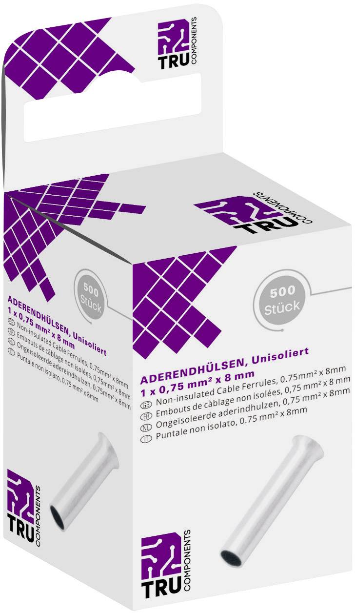 'Emballage de 500 embouts de câble non isolés, 0,75 mm² x 8 mm, de TRU Components, illustré avec une image du produit et le logo.'
