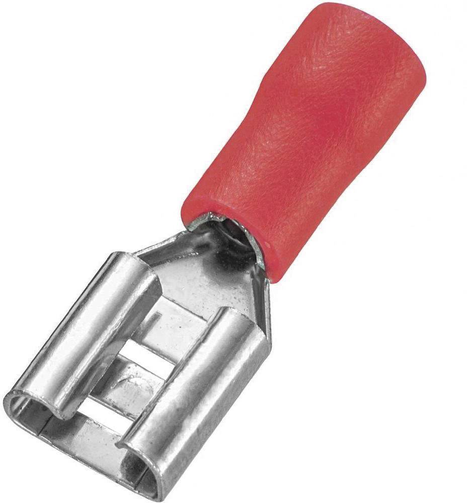 Cosse de câble métallique isolée rouge avec une connexion en U, adaptée aux connexions électriques.