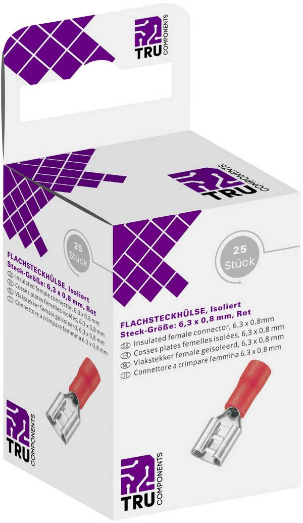 TRU COMPONENTS T1904C038 Assortiment de cosses à languette femelles Largeur d'accouplement: 6.30 mm Épaisseur de contact: 0.80 mm 180 ° partiellement isolé rouge 25 pc(s)