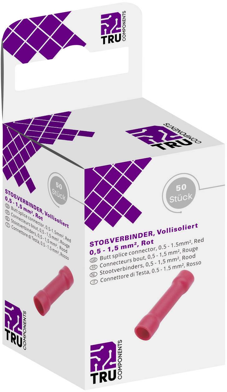 L'image représente un emballage de TRU Components contenant 50 connecteurs de jonction rouges de taille 0,5 - 1,5 mm².