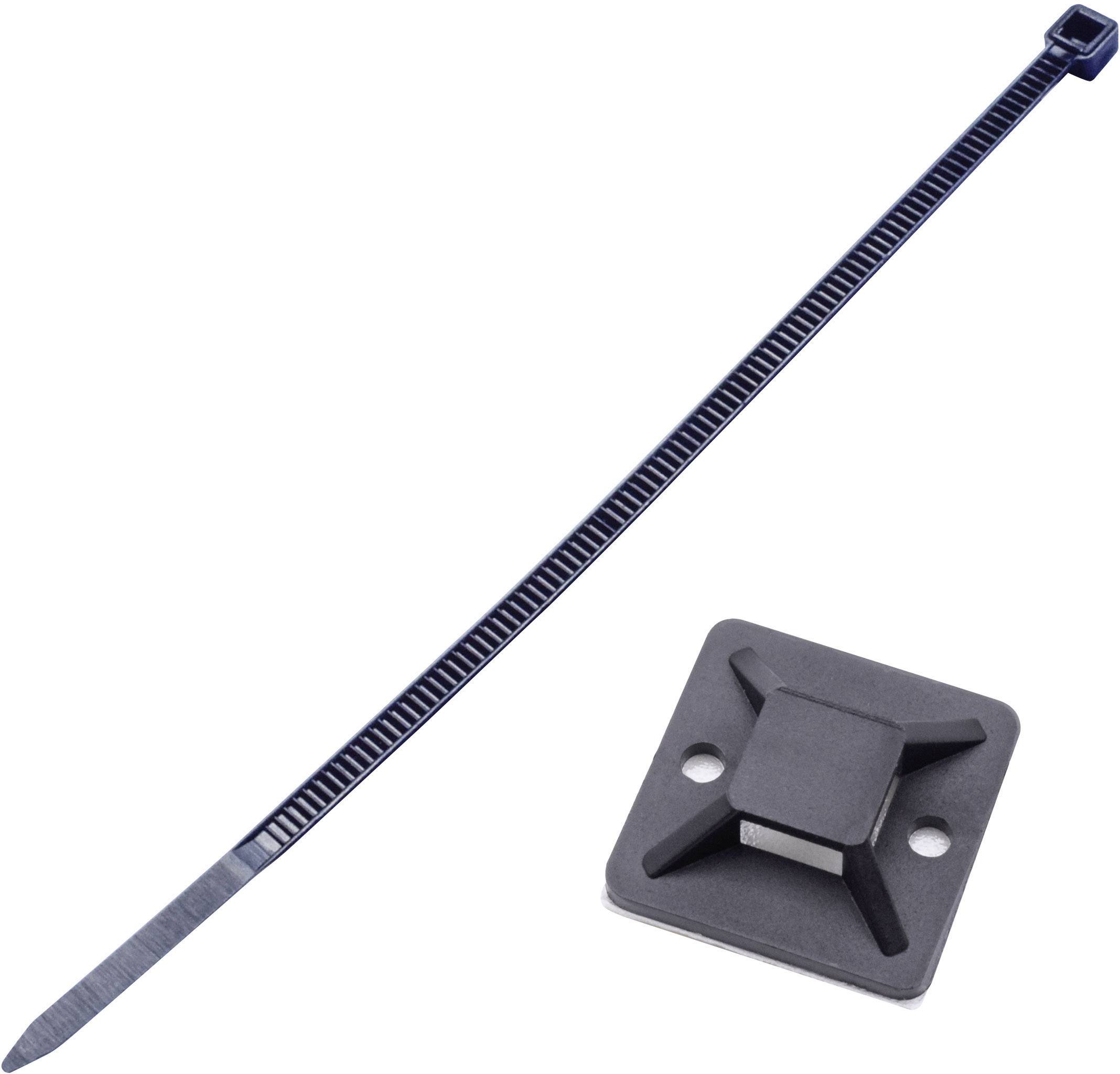 Attache-câble noir et socle de fixation adhésif correspondant pour la fixation de câbles.