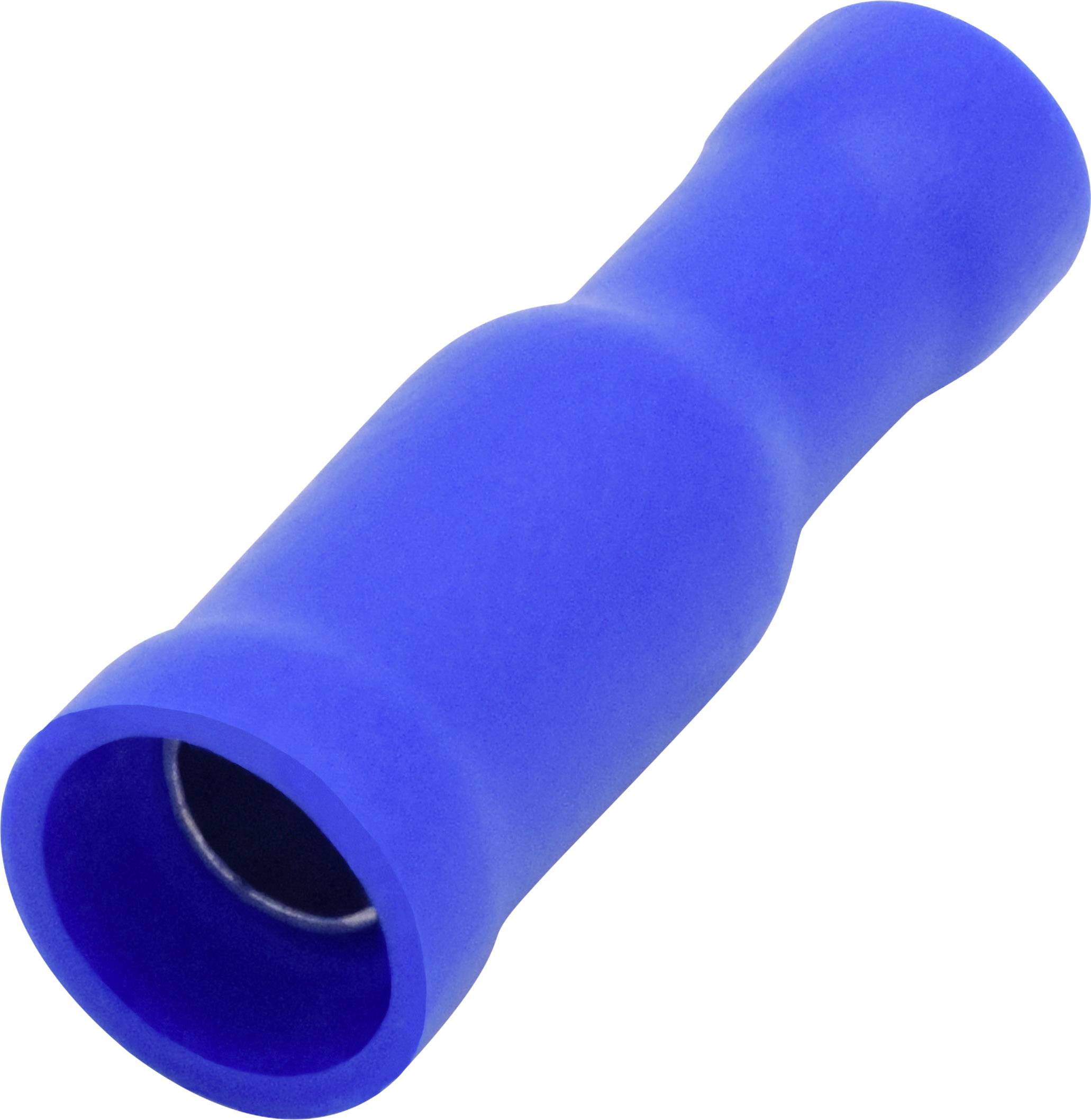 Un connecteur électrique cylindrique bleu avec un insert métallique pour la connexion de câbles. Adapté pour les câbles de calibre 16-14 AWG.