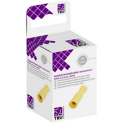 Une boîte de TRU Components contenant 15 embouts ronds jaunes complètement isolés, diamètre de broche 5 mm, décrite sur la face avant.