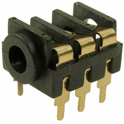 Gros plan sur un connecteur noir doté de plusieurs broches métalliques dorées destinées à établir une connexion électrique.