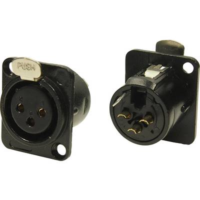 Deux fiches XLR noires, l'une vue de face et l'autre de dos, montrent les trois broches de connexion et le design du boîtier.