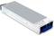 Un bloc d'alimentation rectangulaire argenté avec un connecteur bleu à l'avant. Adapté à divers appareils électroniques.