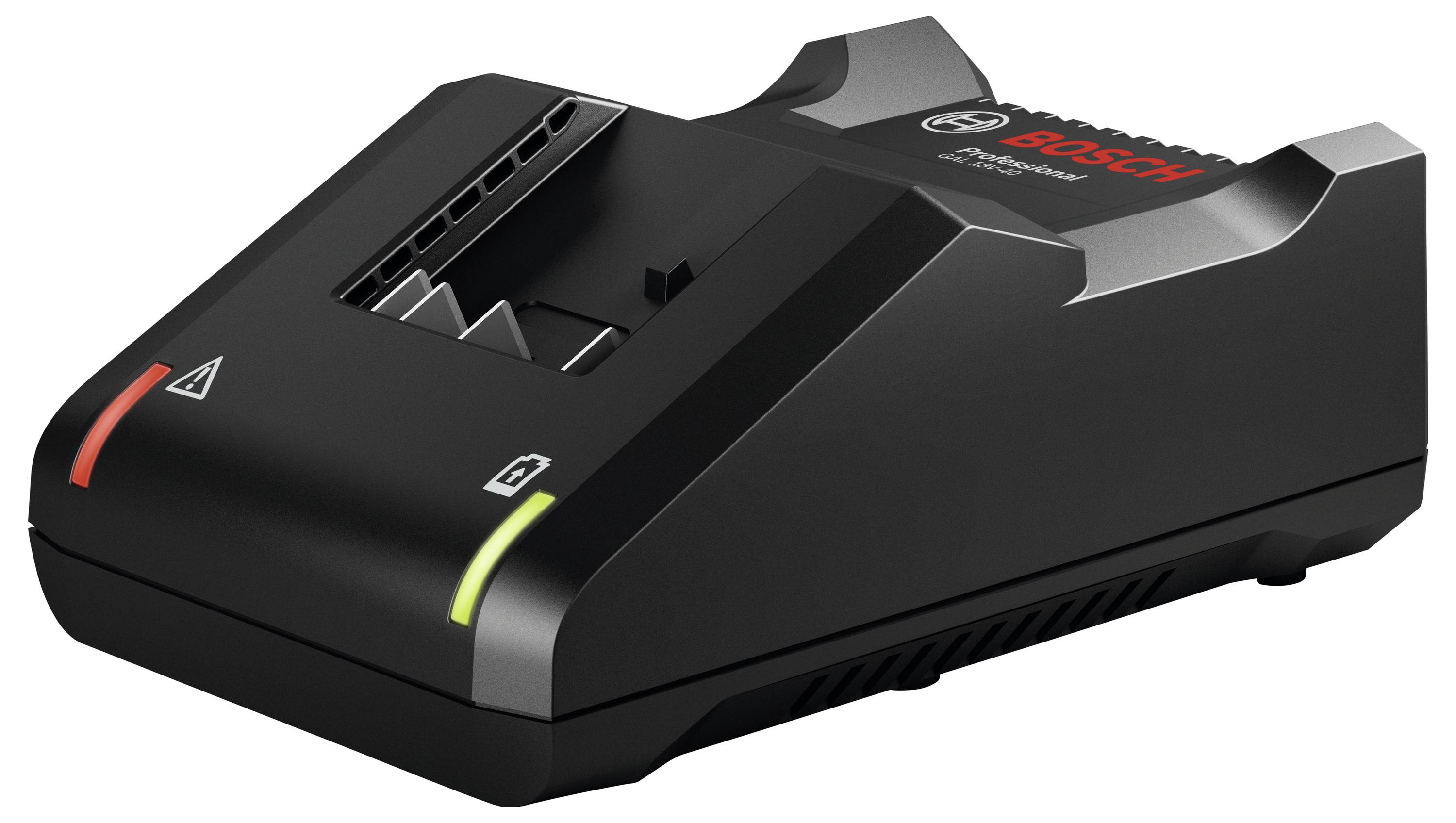 Un chargeur de batterie noir Bosch avec des voyants LED indiquant l'état de charge, reconnaissable au logo Bosch sur le dessus.