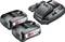 Deux batteries Bosch 18V 2,5 Ah à côté d'un chargeur Bosch avec câble secteur. Idéal pour les outils électriques.
