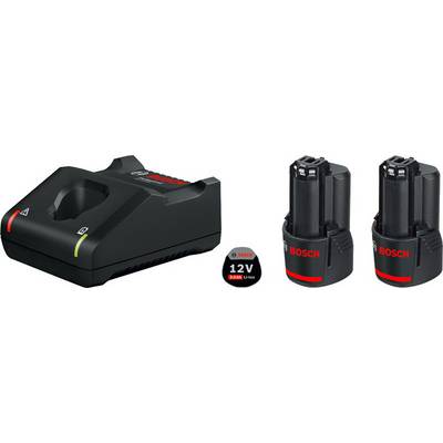Chargeur et deux batteries Bosch 12V avec technologie Lithium-Ion, adaptées aux outils électriques, montrant le logo et la capacité.
