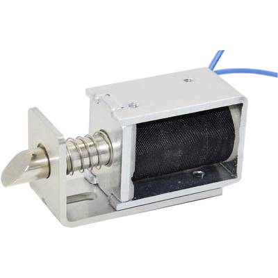 Un petit électro-aimant électrique avec mécanisme à ressort et câble de connexion bleu, généralement utilisé pour le verrouillage des portes.