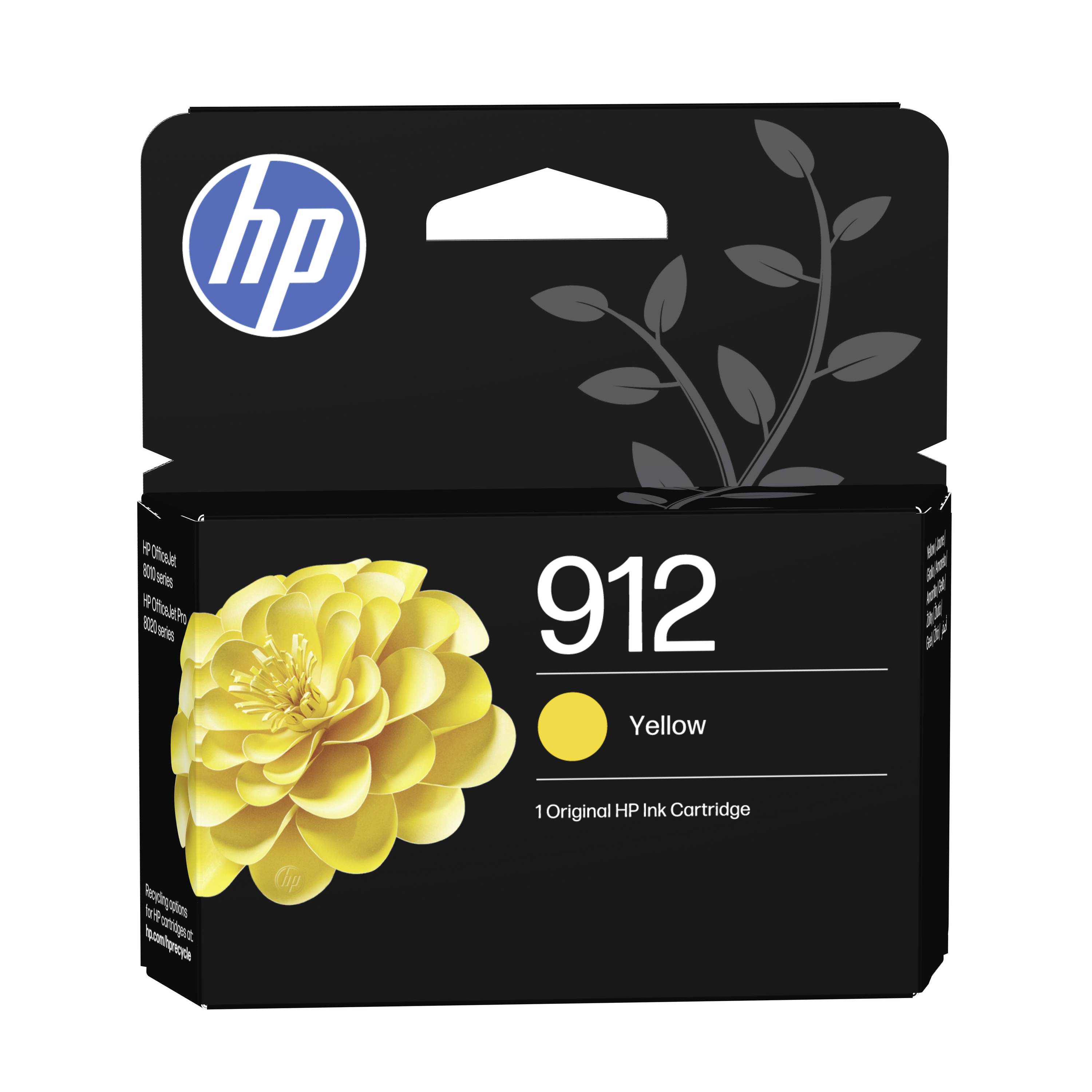 Emballage de cartouche d'encre jaune HP 912 d'origine avec logo HP et graphique de fleur sur une boîte noire.