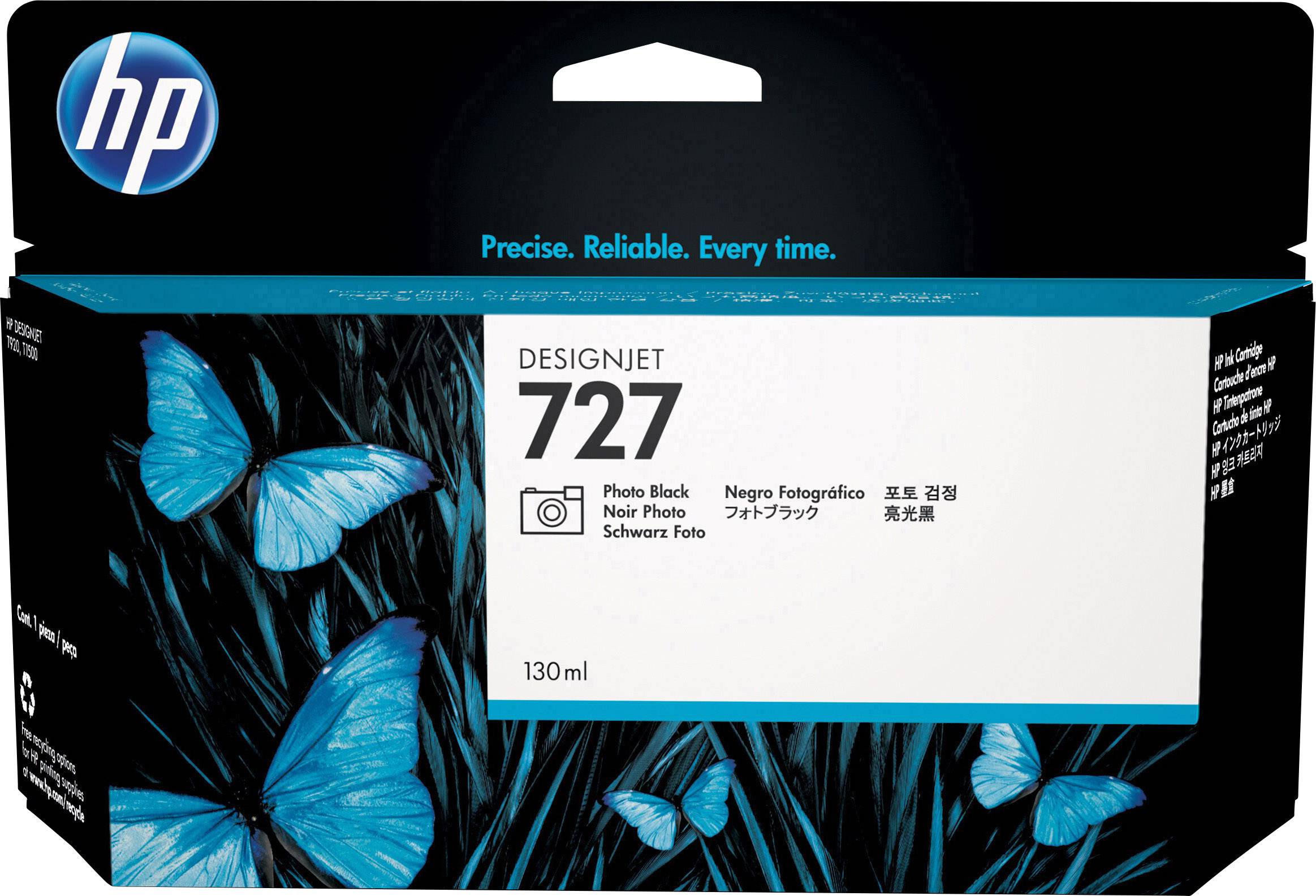 Cartouche d'encre HP DesignJet 727, Noir, 130 ml. Emballage avec des papillons bleus sur fond noir.