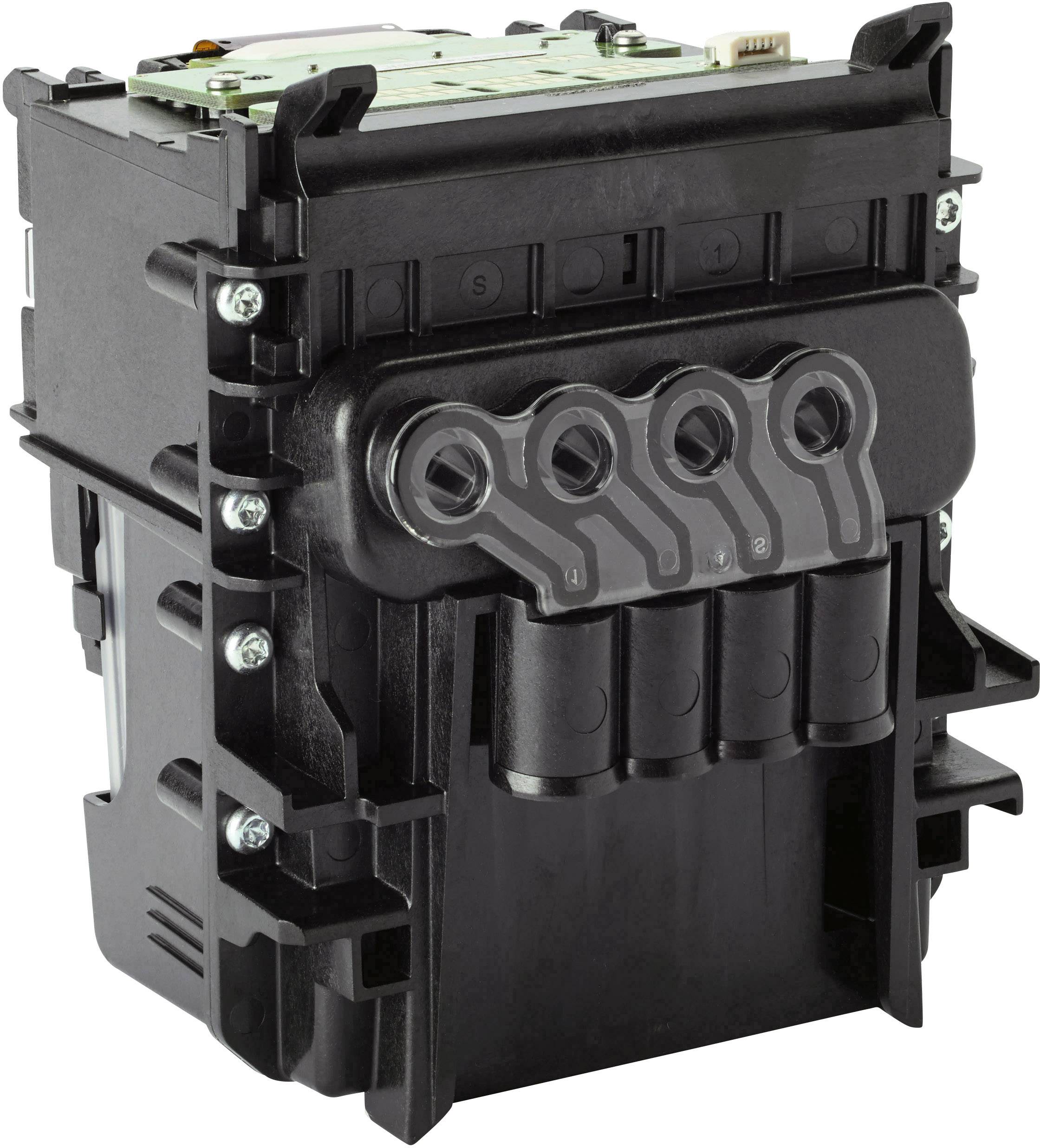 Composant mécanique noir avec quatre connexions visibles à l'avant, probablement partie intégrante d'un dispositif plus grand.