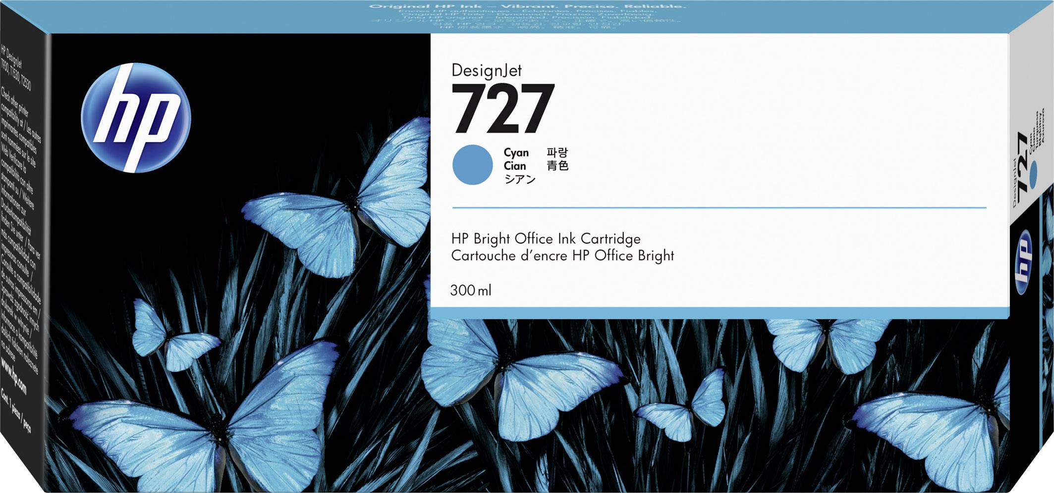 Emballage de la cartouche d'encre HP Designjet 727 en cyan, avec un motif de papillon bleu, contenant 300 ml d'encre.