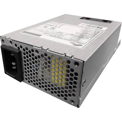 Un bloc d'alimentation rectangulaire de couleur argent avec une grille de ventilation et une prise pour câble d'alimentation.