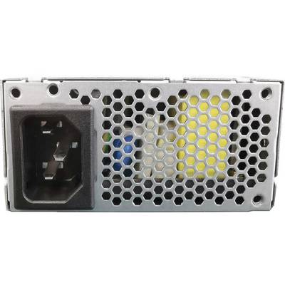 Arrière de l'alimentation avec grille de ventilation et prise de courant, les composants internes sont visibles à travers la grille en nid d'abeille.