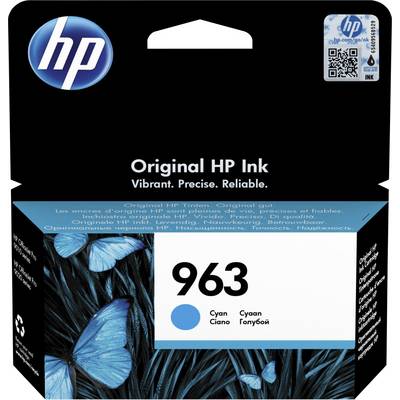 Cartouche d'encre HP 963 en Cyan. L'emballage présente des papillons bleus et met en avant la marque HP avec le slogan « Vibrant. Précis. Fiable. »
