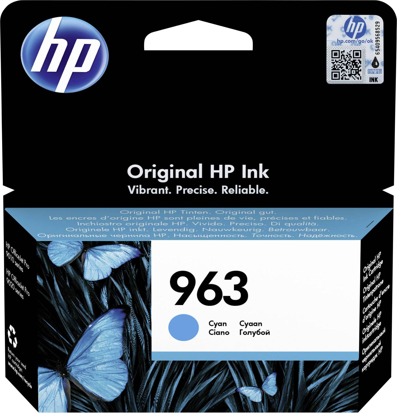 Cartouche d'encre HP, modèle 963, originale, contenant de l'encre cyan. L'emballage présente des papillons bleus et le logo HP.