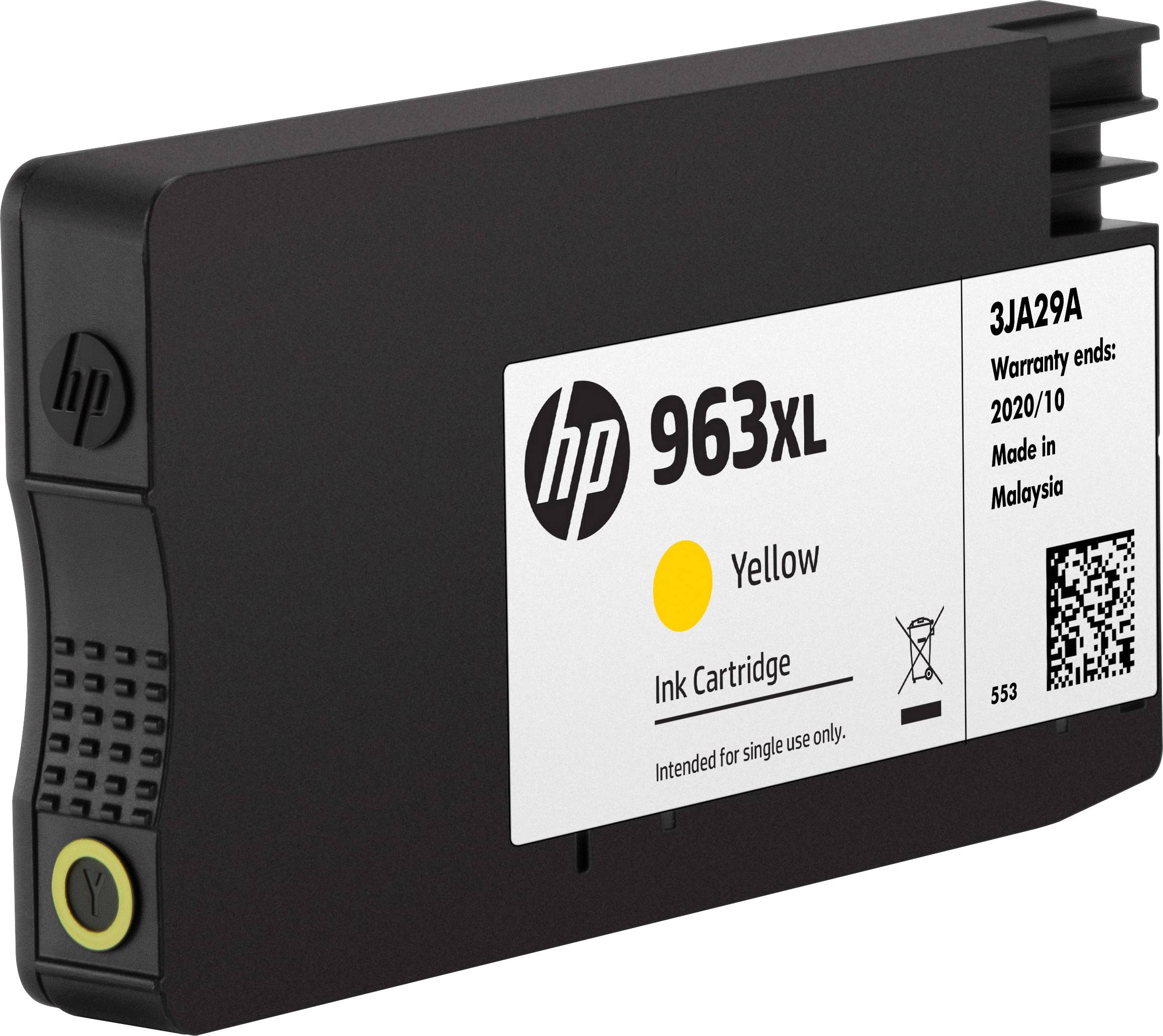 Cartouche d'encre jaune HP 963XL, fabriquée en Malaisie, avec une étiquette de code QR. Garantie expire en octobre 2020.