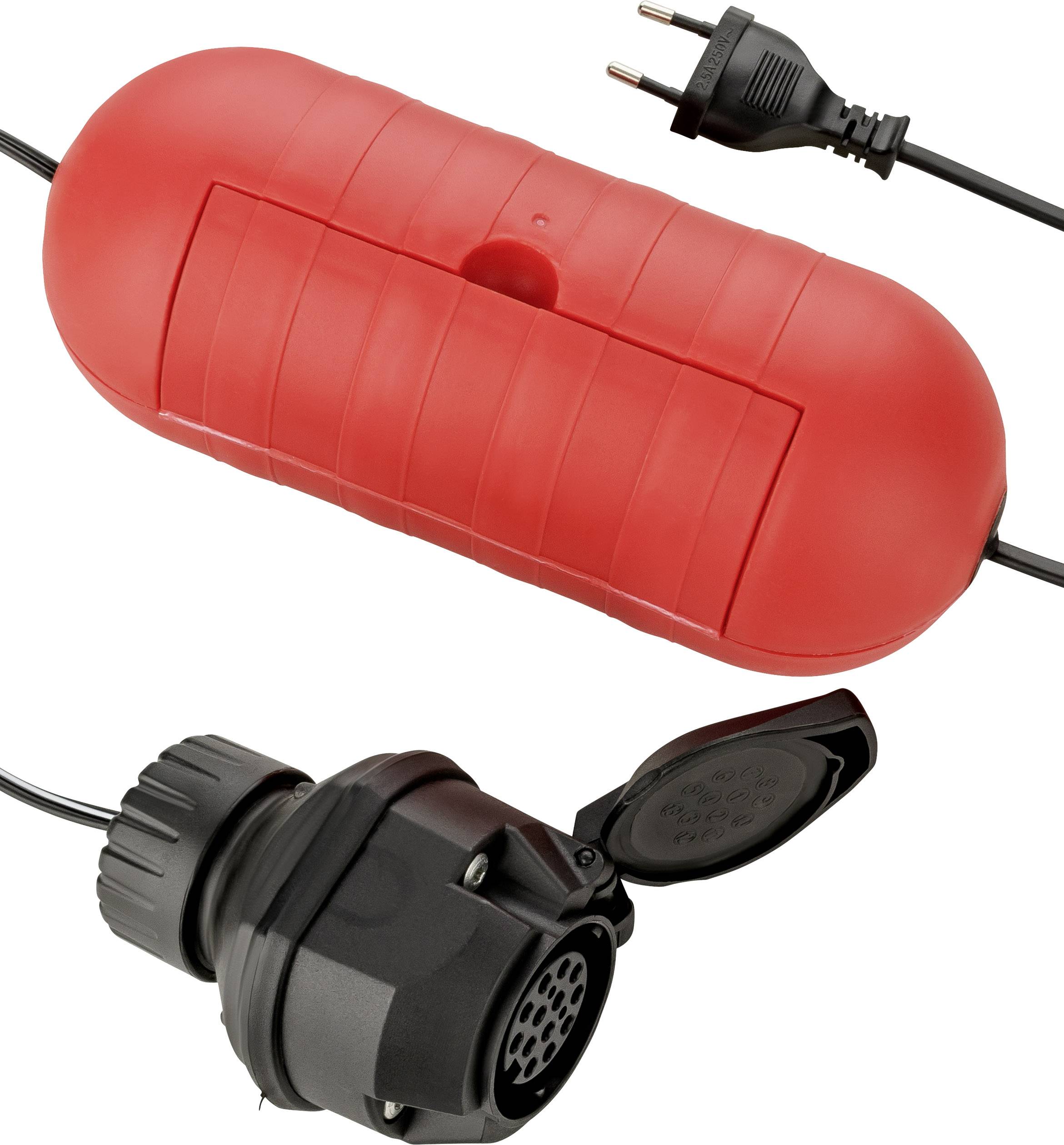 Boîte de câblage rouge avec prise électrique et fiche noire, adaptée à une utilisation extérieure en toute sécurité.