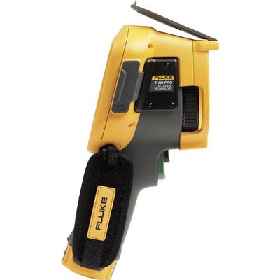 Caméra thermique portable vue de côté, jaune et noir, avec bandoulière, affichant le nom de la marque et le numéro de modèle sur le côté.