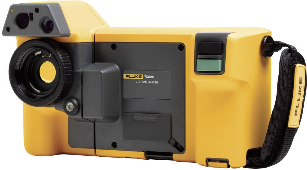 Une caméra thermique jaune avec objectif, écran et poignée de transport. Modèle 'Fluke TiX501' indiqué au dos.