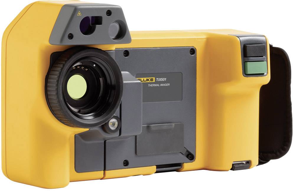 Une caméra thermique jaune et noire avec un grand objectif et un écran à l'arrière. Elle est utilisée pour mesurer la température.