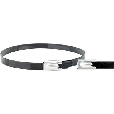 Un collier de serrage noir avec un verrou métallique argenté démontre sa flexibilité et sa possibilité de fermeture sécurisée.
