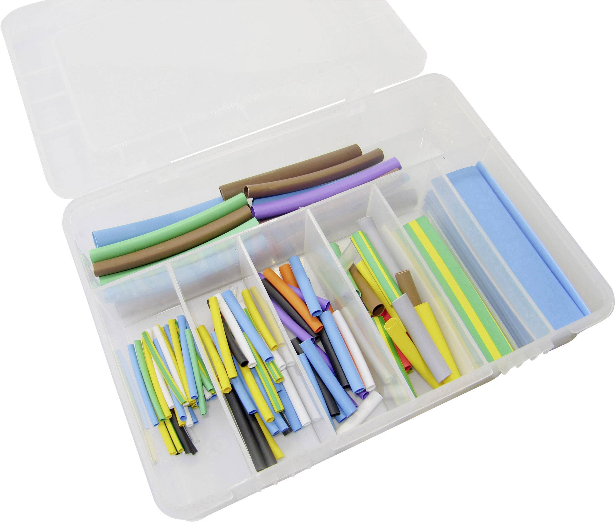 Une boîte contenant différents tubes thermorétractables colorés de différentes longueurs et tailles, soigneusement rangés dans des compartiments.
