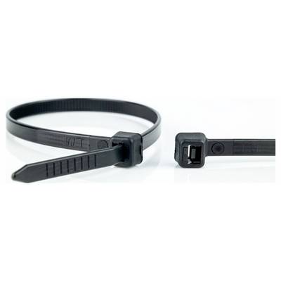 Des colliers de serrage noirs, l'un fermé et l'autre ouvert, sont posés sur une surface blanche. Ils sont lisses et robustes.