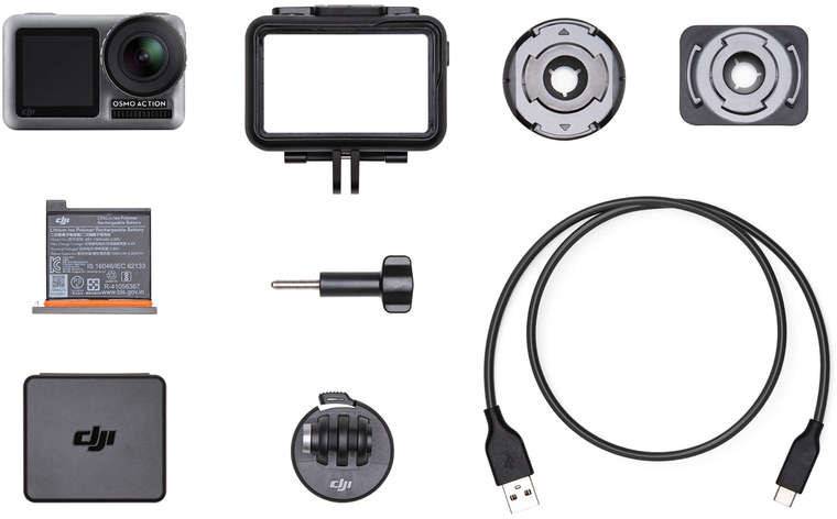 Caméra d'action avec accessoires : cadre de protection, batterie, câble USB, supports de montage. Idéale pour les aventures et les activités de plein air.