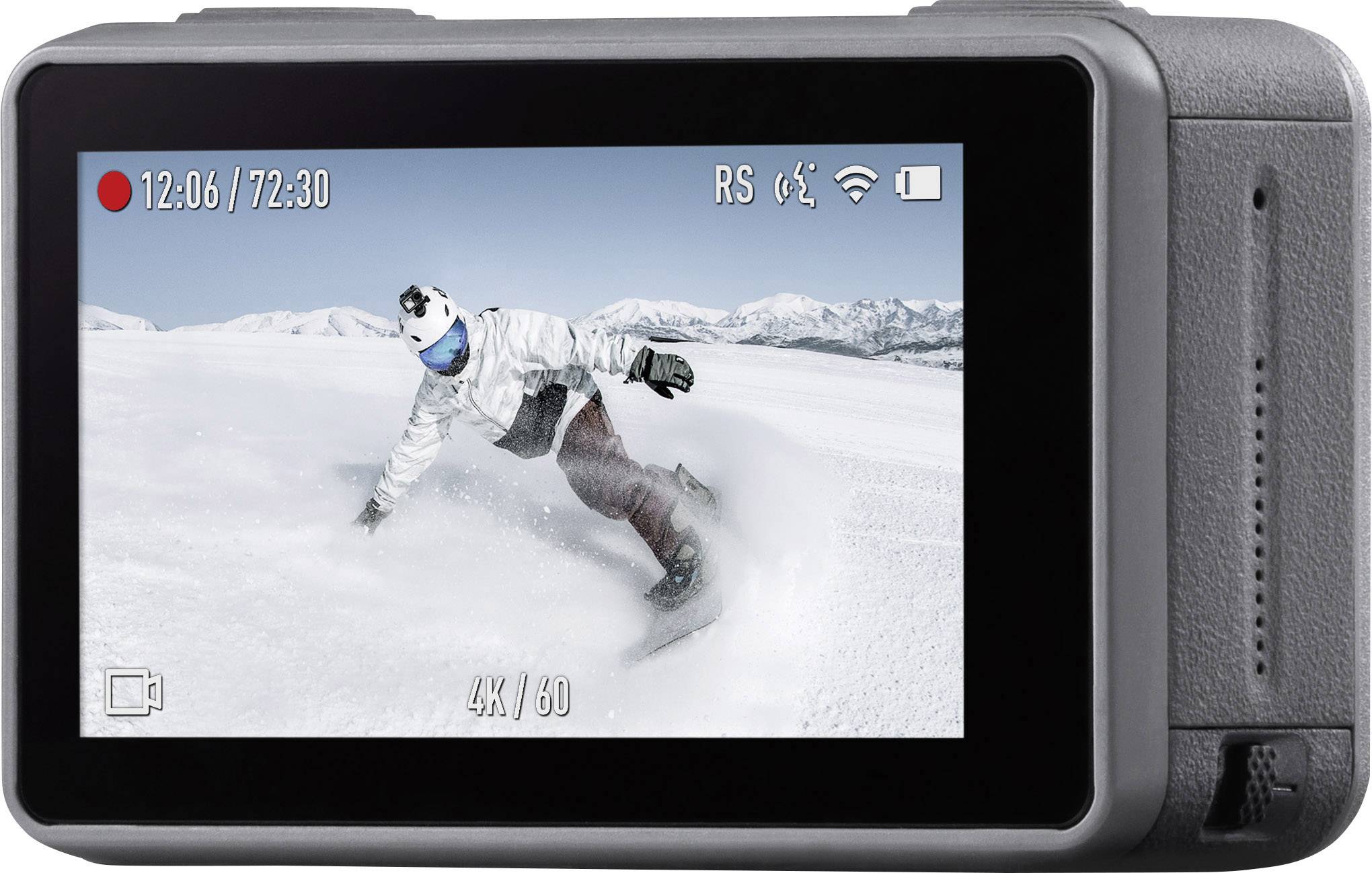 Écran d'une caméra montrant un snowboardeur descendant une pente enneigée. Affichage : temps d'enregistrement et qualité vidéo ('4K/60').