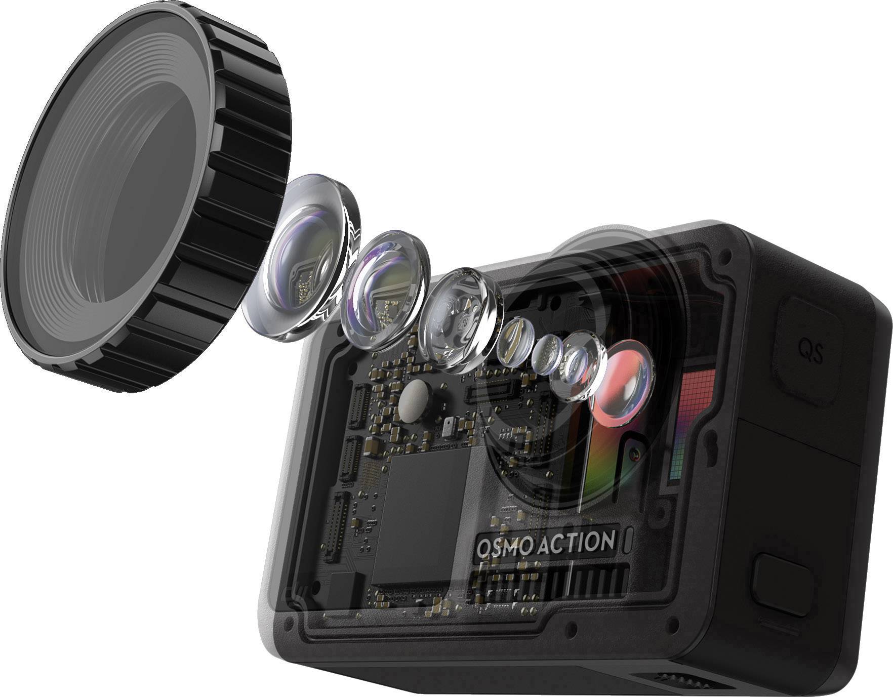 Vue éclatée d'un appareil photo avec objectif et composants électroniques. Montre la structure interne et la configuration de l'objectif de l'appareil photo.