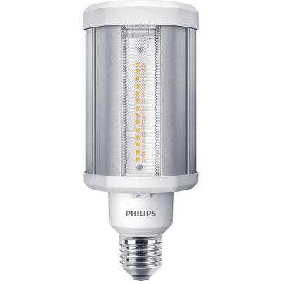 Une ampoule LED cylindrique en argent de Philips avec culot E27. Elle présente des lumières LED orangées au centre.