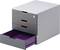 Organisateur de bureau gris et blanc avec quatre tiroirs colorés, l'un d'eux étant ouvert et révélant un intérieur violet.