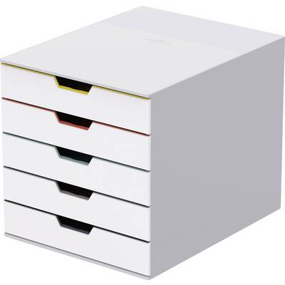 Boîte de rangement blanche à cinq tiroirs, chacun avec des étiquettes de couleur : jaune, rouge, bleue, verte et noire. Adaptée à l'organisation.