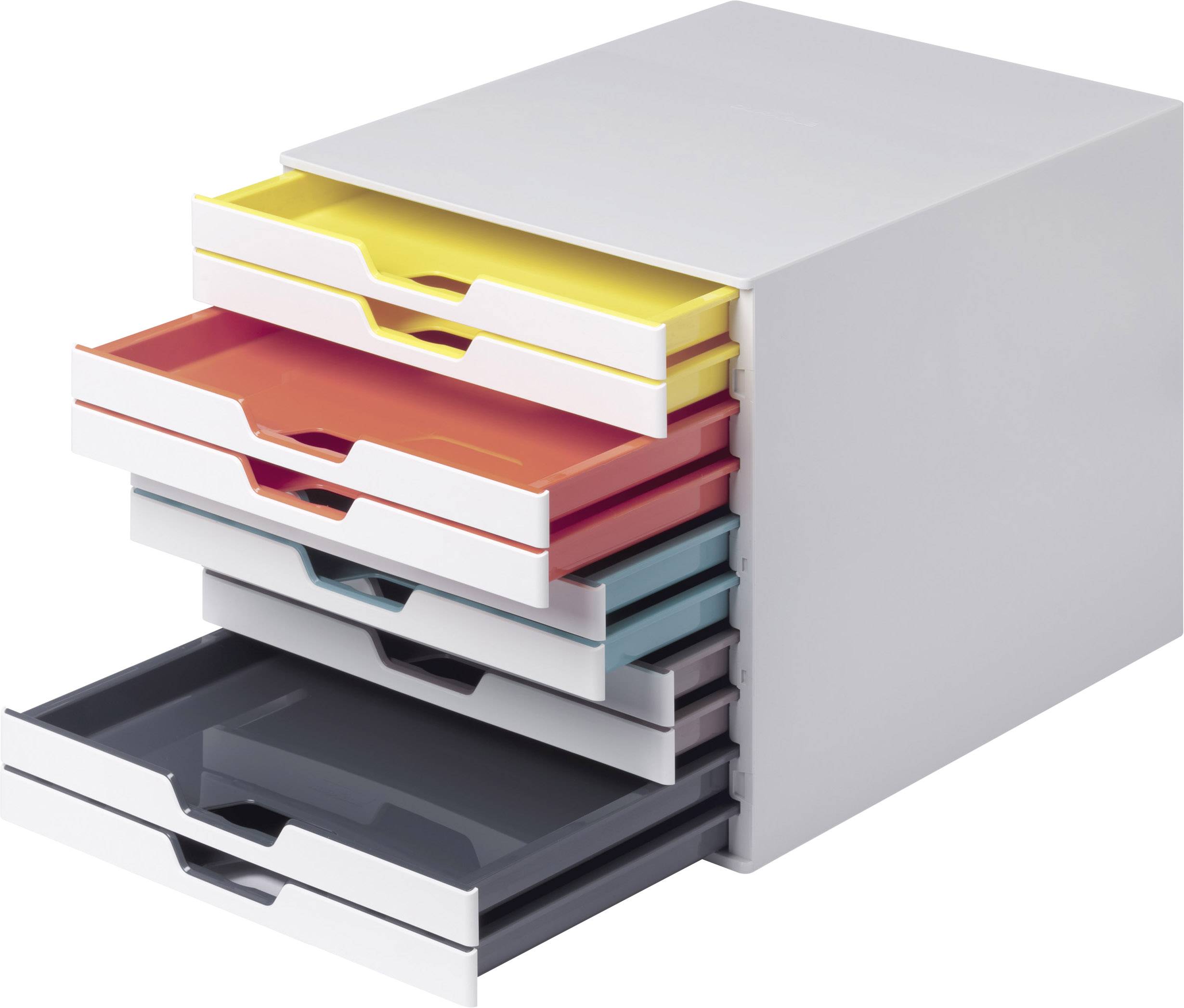 Un bloc de tiroirs blanc avec six tiroirs colorés, à moitié ouverts, en jaune, rouge, orange, bleu, gris et noir.