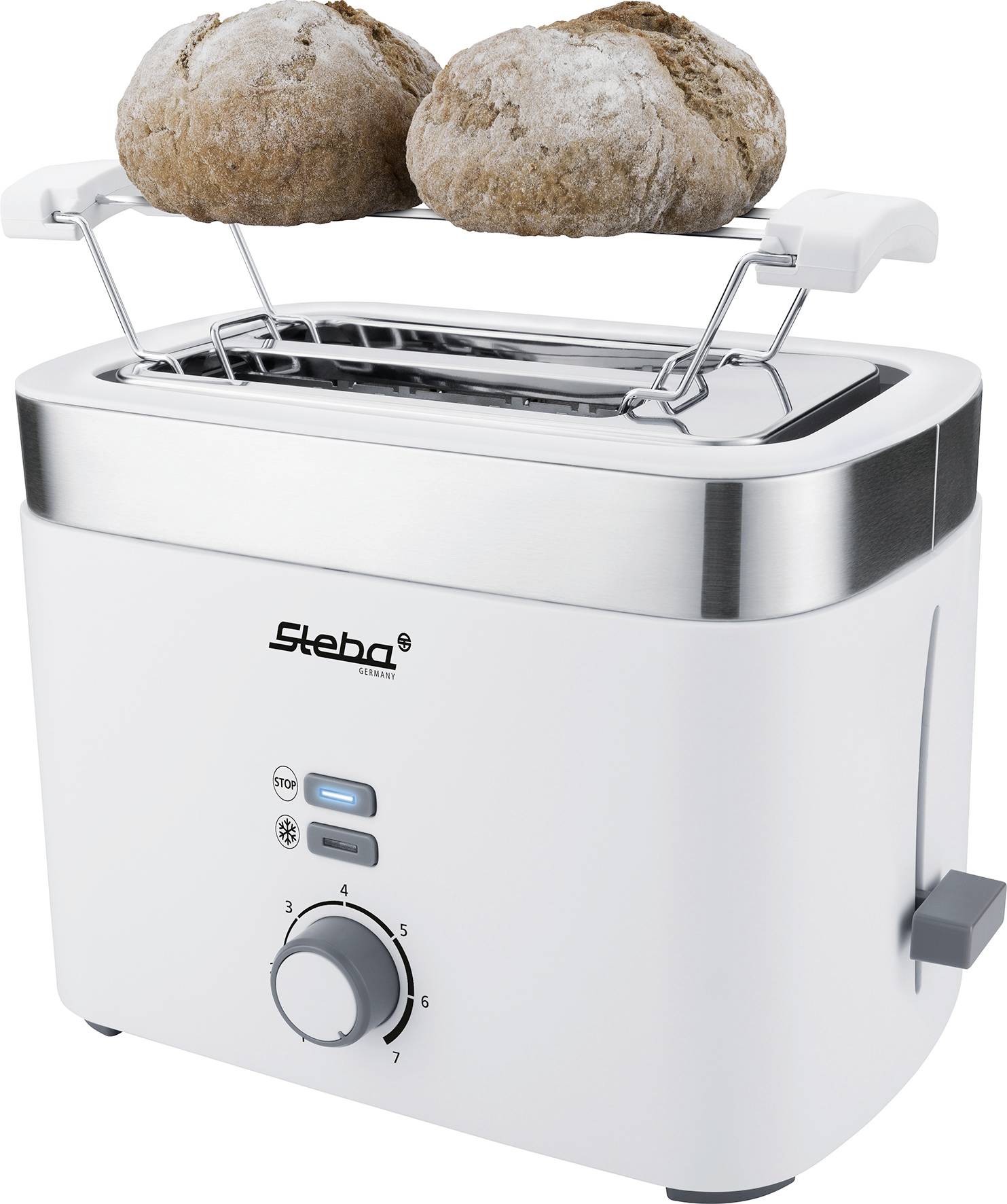 Grille-pain blanc de la marque Steba avec deux petits pains sur un support en acier inoxydable. L'appareil est équipé d'un bouton rotatif et de touches de commande.
